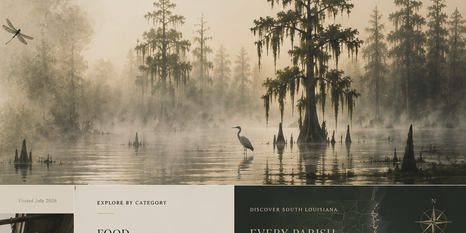 Misty cypress trees and bayou water at dawn