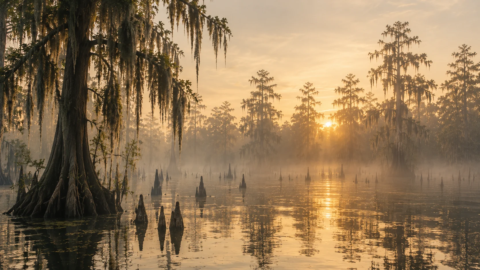 Golden light reflected in cypress water beneath hanging Spanish moss